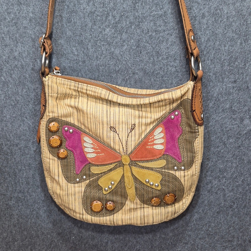 Vtg Y2K Fossil Canvas & Leather Crossbody Bag Hippie Boho Butterfly 70s cottage